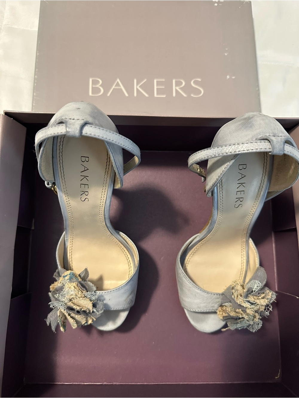 Bakers Light Gray Floral Ankle-Strap Heels